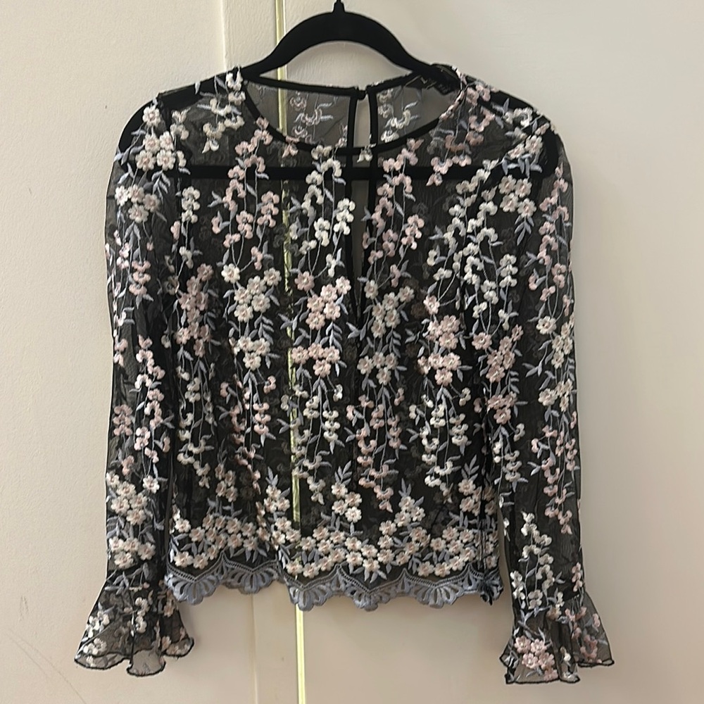 Floral Embroidered Sheer Black Top